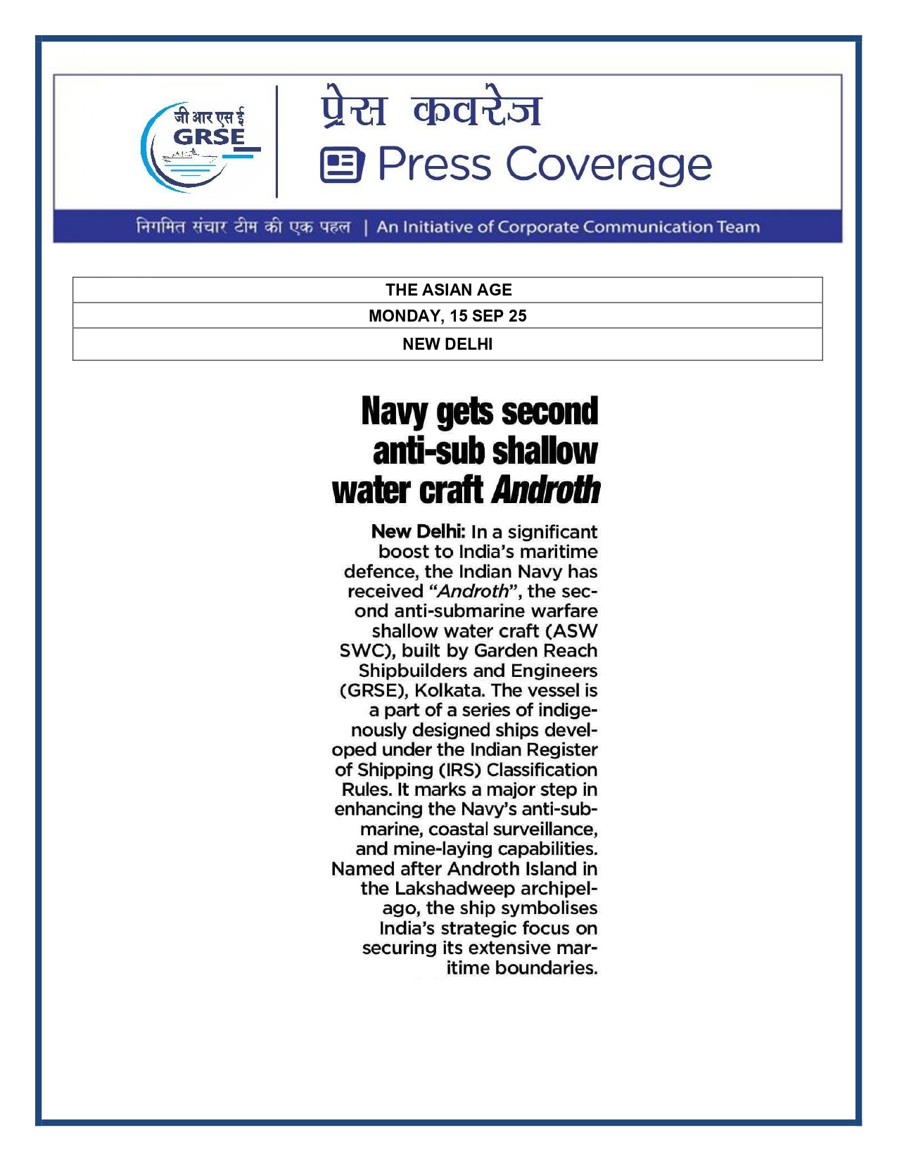 Press Coverage : 15 Sept 25:THE STATESMAN